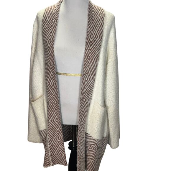 World Market Long Open Front Cozy Cardigan One Size Cream Brown Boho Geometric - Picture 1 of 6